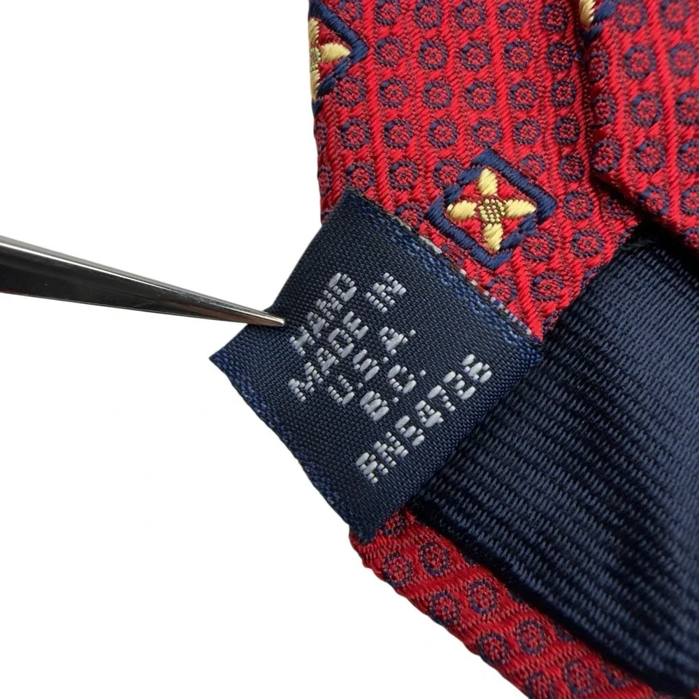 Holland & Sherry Pure Silk Neck Tie Red Blue Yellow Embroidered Squares 3.5x5 US